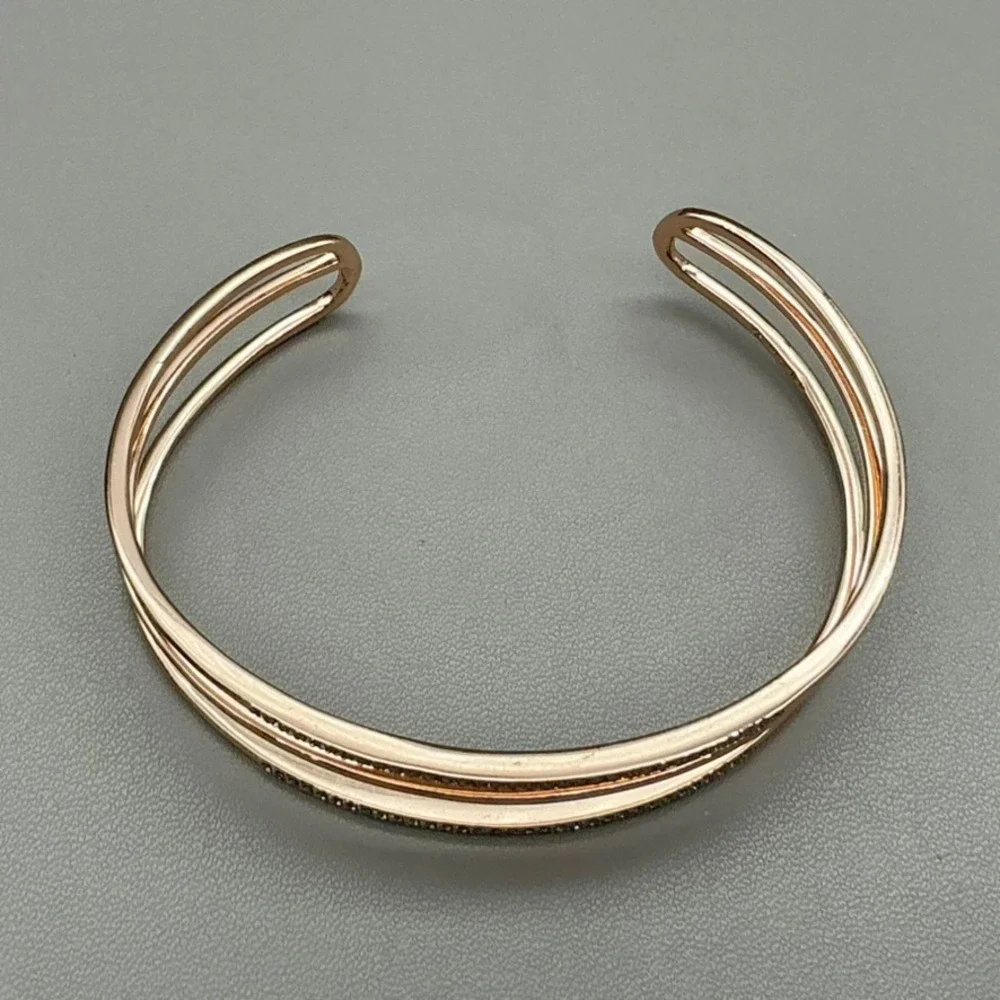 Stella & Dot Bracelet Womens Rose Gold Tone Rhinestone Triple Band Cuff 6.25